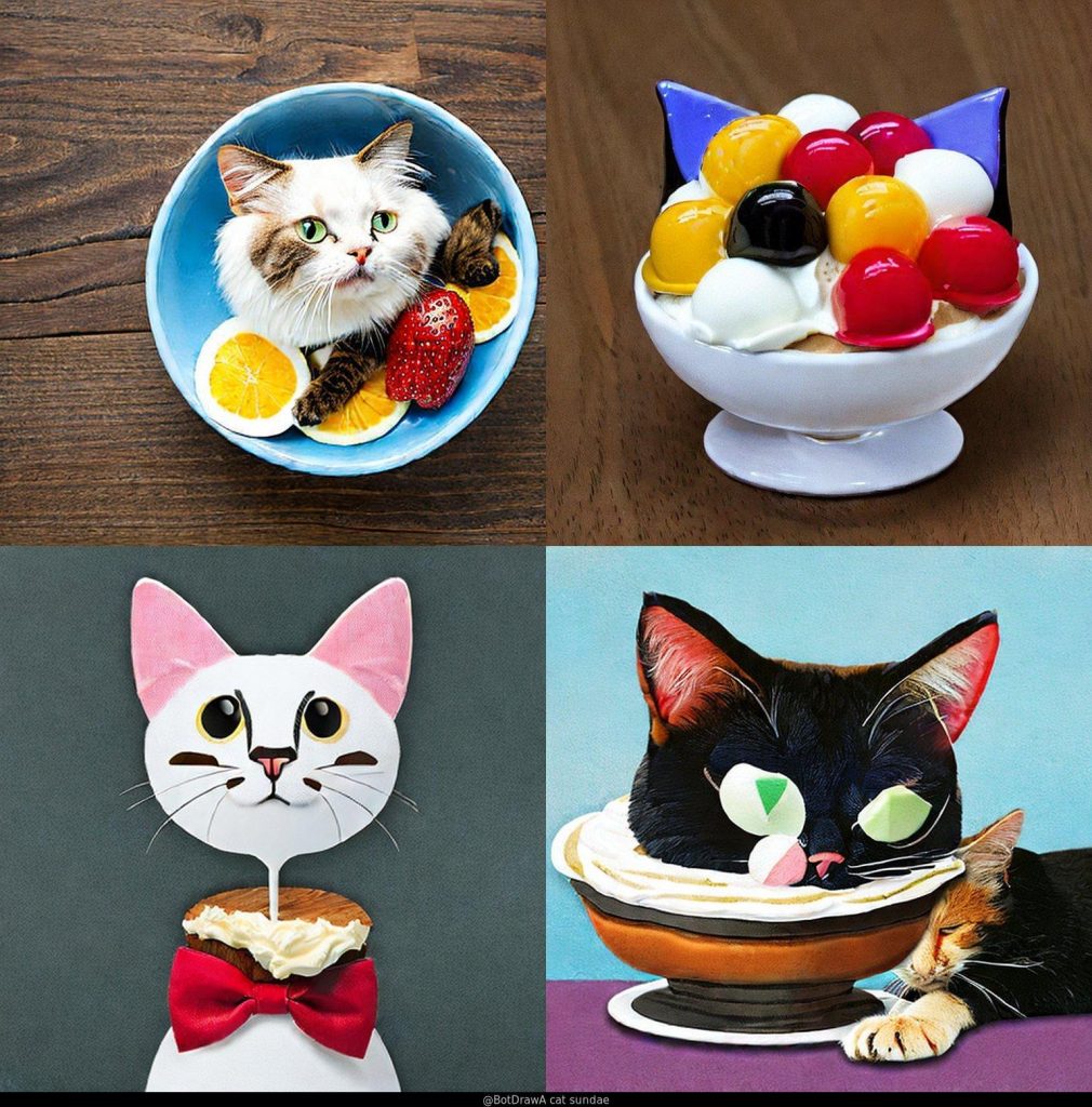 "Cat Sundae" by CLS using Imgur.com's Bot Draw A - an AI's attempt to create 4 pics of cats in a bowl of ice cream.